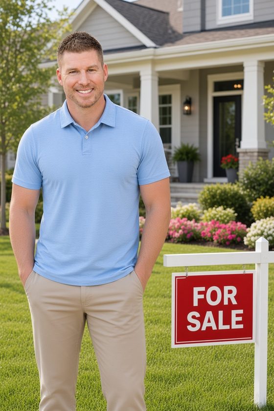 Steele Kruzel standing in front of a house with a for sale sign
